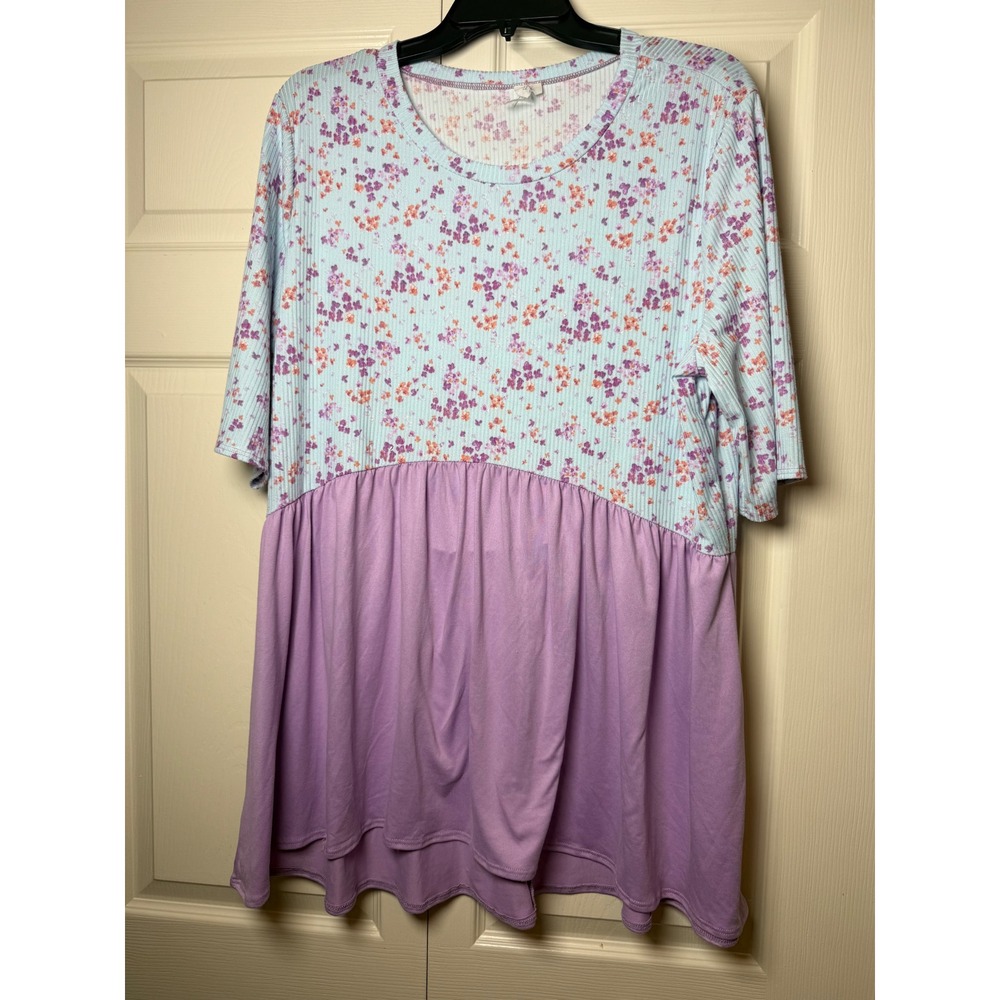 Floral‎ Babydoll Tunic Top Purple Blue Mixed Media Ribbed Knit Plus Size 3XL